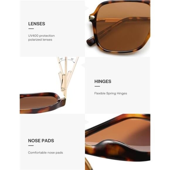 Sunglasses for Women & Men, Square, Retro, Polarized Lens, Trendy - Picture 4 of 7